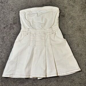 Denim Off-White Strapless Mini Dress with Brown Stitching